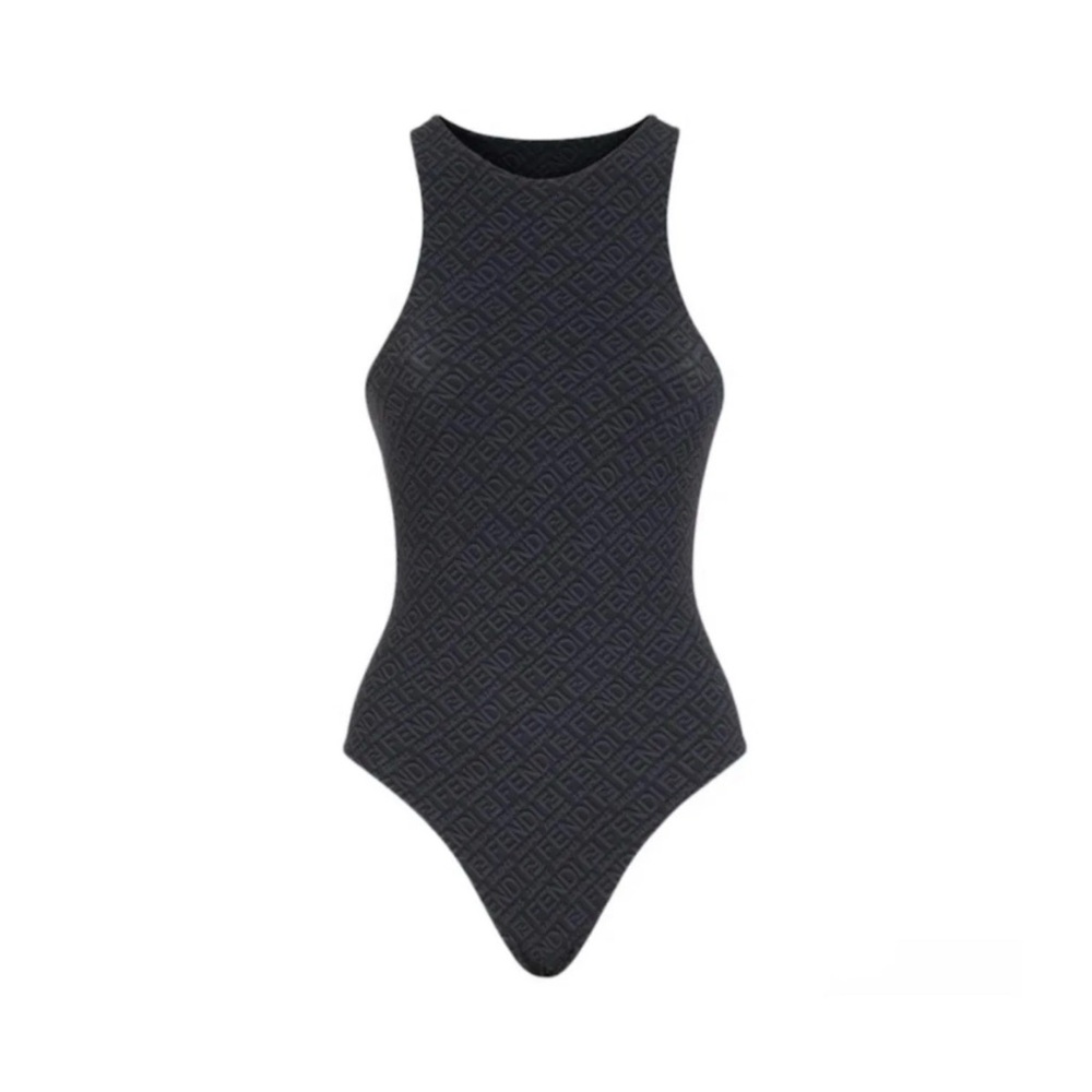 Fendi x Skims Black Sleeveless HighNeck Thong Bodysuit 2XL XXL Monogram Logo